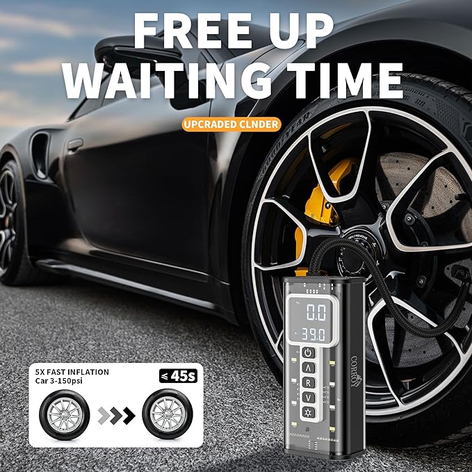 Tire Inflator Portable Air Compressor – 20000mAh Battery, 150PSI Cordless Bike Pump, Dual 12V DC Power, Tire Pressure Gauge, Air Pump for Fast 5X Inflation for Cars, SUVs, Bikes & Balls