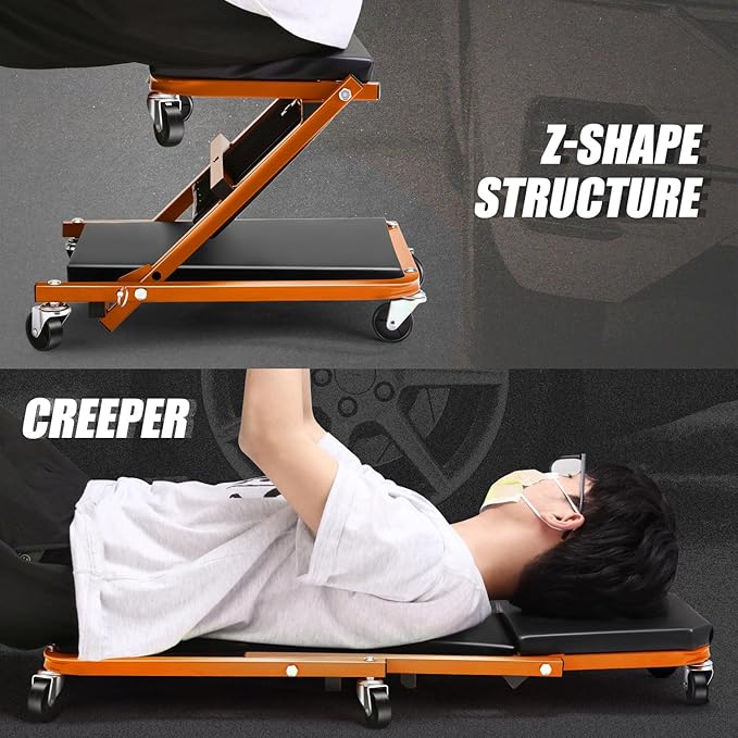 DNA MOTORING 36 Inches 2 IN 1 Rolling Folding Car Creeper/Seat, 6 Pcs 2" Casters, 150kg Weight Capacity, Orange, TOOLS-00185-OG