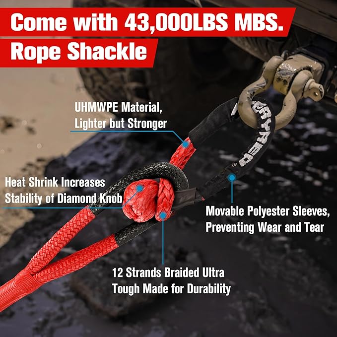 FieryRed Kinetic Recovery Rope Kit with 2 Soft Shackles, 1 Inch x 30 FT Tow Rope,Heavy Duty Offroad Snatch Strap for UTV, ATV, Truck, Car, Jeep, Tractor