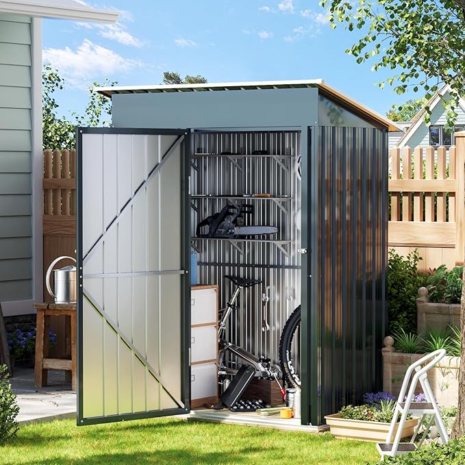 5X3X6.1FT Outdoor Steel Storage Shed with Frame Floor and Lockable Doors, Ideal for Garden, Backyard, Patio Storage