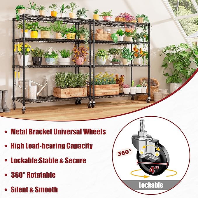 PrimeZone 2 Packs 55.5" W x 24" D x 80" H Heavy Duty Wire Storage Shelves with Wheels, 4 Tier Adjustable NSF Certified Garage Shelving Unit, Rolling Metal Organizer Shelf Rack for Warehouse, Pantry