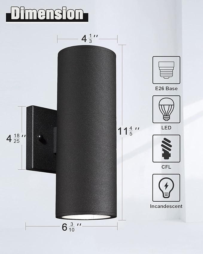 Ken & Ricky Outdoor Wall Sconce Lights, Black Exterior Lighting Fixtures,Cylinder Outdoor Light Fixtures for House Garage Front Door Patio Entryway 2 Pack