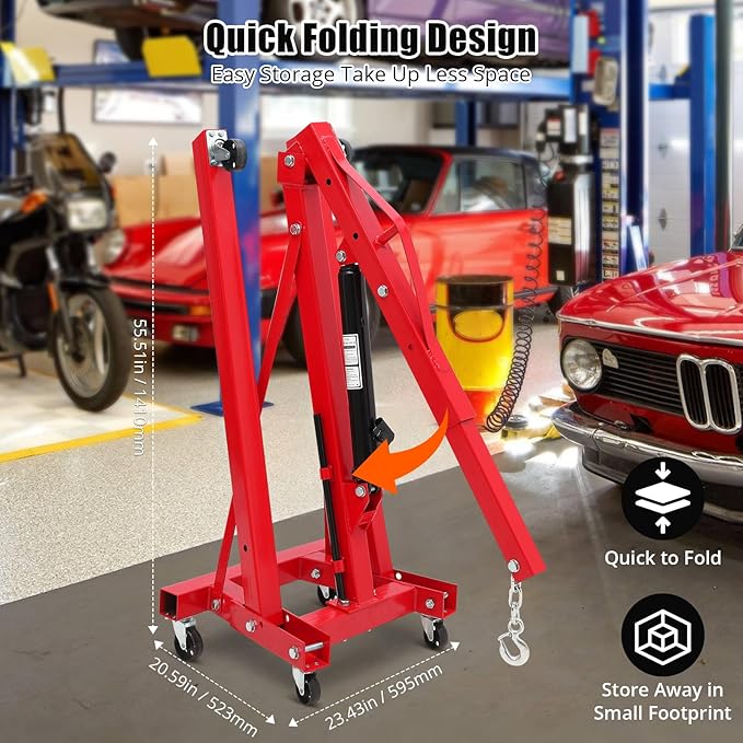 Engine Hoist 2 Ton,Cherry Picker Engine Hoist,Folding Hydraulic Tilting Engine Lift with 360 Degree Swivel Wheels for Ports, Warehouses, Garage, Factory
