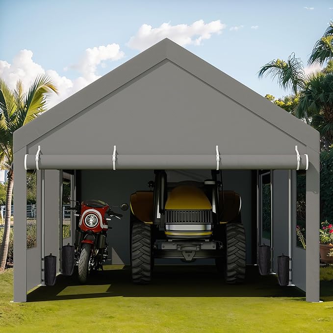 JY QAQA Carport, 12x20 FT Heavy Duty Carport with Removable Side Walls and Doors, Portable Garage with Roll-Up Window and Sandbags, Car Canopy with All-Season Tarp for Cars, Trucks, Boats, Grey