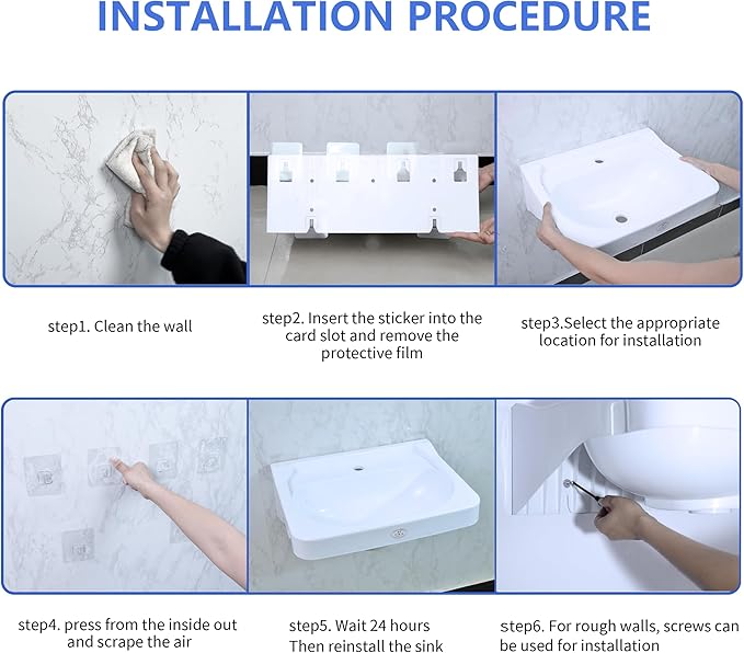 Wall Mount Bathroom Sink 19.7*15.3 No-Drill Installation Self-Adhesive Wash basin with Faucet Hole Bathroom Sinks Floating Vanity Sink for Lavatory Room Basin Plastic Rv Sink forGarage (19.7*15.3*7.1)