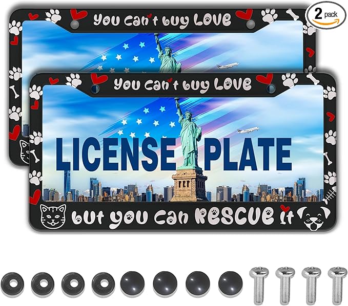 License Plate Frame Black and White Front License Plate Bracket You Can’t Buy Love, but You Can Rescue It Aluminum Metal Car Accessory 2 Pack with Screw Covers Set