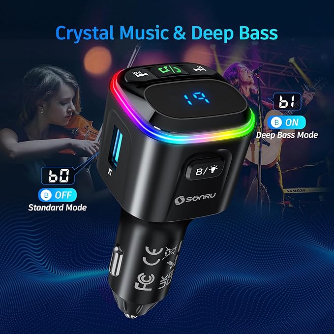Bluetooth 5.3 FM Transmitter Car Adapter [PD36W & QC18W] [Fast Charging] Wireless Radio Adapter HiFi Bass Sound Hands-Free Calling LED Display with Light Switch Support Bluetooth/U Disk/TF Card