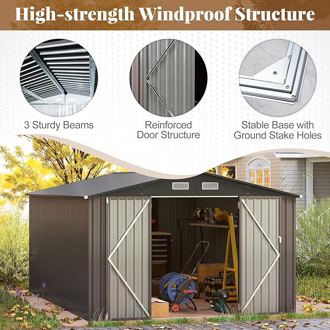 Goplus 10 x 14 FT Outdoor Storage Shed, Large Garden Tool House w/Improved Windproof Metal Structure, 4 Vents, Lockable Door, Waterproof Utility Tool Organizer for Backyard, Lawn, Patio