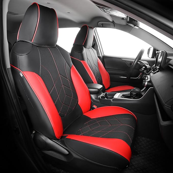 for Toyota RAV4 Seat Covers 2019 2020 2021 2022 2023 2024 2025 RAV 4 LE XLE Limited XLE Premium (Gas not for Hybrid) - Custom Leather Car Seat Covers Full Set - BlackRed