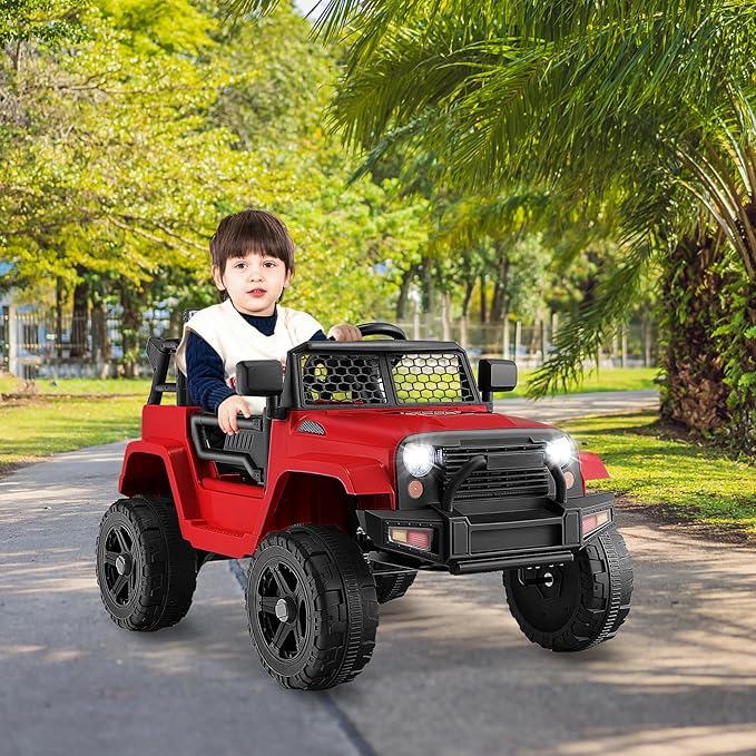 Costzon Ride on Car, 12V Battery Powered Truck Vehicle with Remote Control, Spring Suspension, Headlights, Music, Horn, MP3, USB & Aux Port, Gift for Boys Girls, Electric Car for Kids (Red)