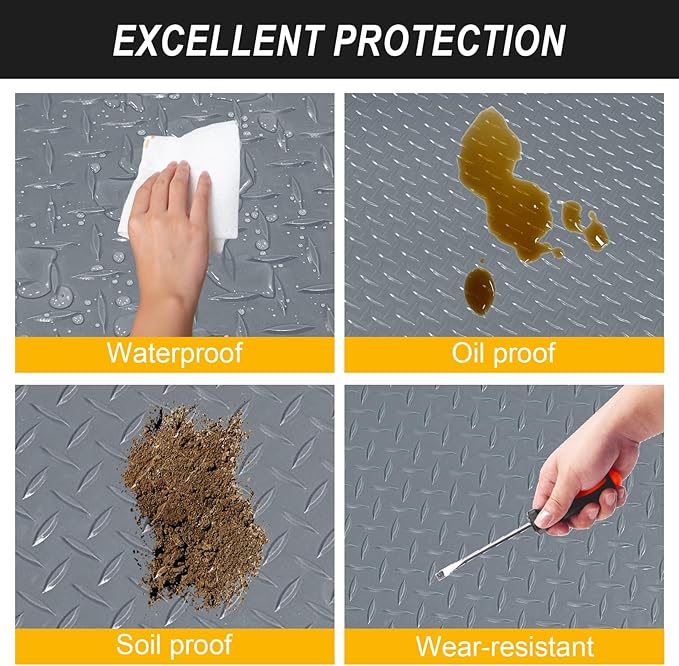 4x8FT Garage Floor Mat, 2.8mm Thickened Flooring Roll for Under Car, Golf Cart Parking Mat, Diamond Plate PVC Rubber Motorcycle Mat, Non-Slip Floor Protector for Garage Warehouse Trailer, Grey