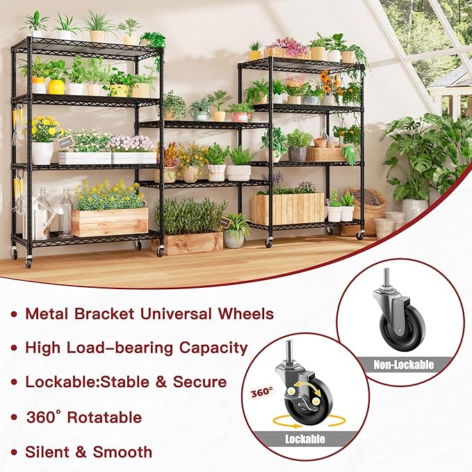 PrimeZone 4 Packs 36" W x 16" D x 79" H Wire Storage Shelves with Wheels, 5 Tier NSF Certified Heavy Duty Adjustable Kitchen Shelving Unit, Pantry Organizer Rack Rolling Metal Shelf for Garage Closet