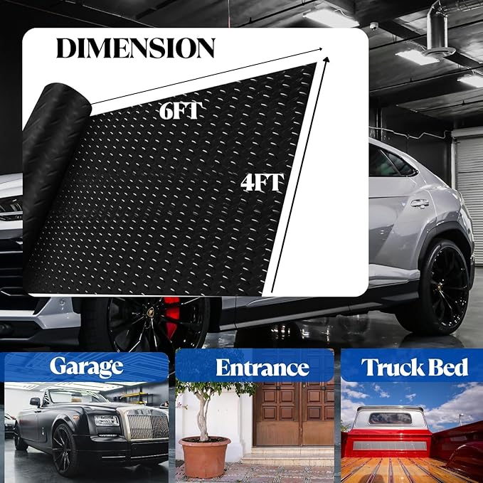 BESEA 4 x 6 FT Garage Floor Mat, Heavy Duty Diamond Plate Rubber Parking Mat – Waterproof, Oil-Resistant, Anti-Slip Flooring Roll for Under Car, Home Garage or Workshop,1/8" Thick