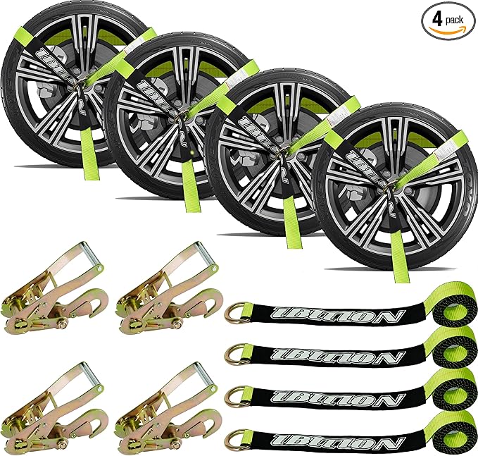 4 Pack Car Tie Down Straps for Trailers - 2" x 96" - 3,300 lbs Safe Working Load -Adjustable Wheel Straps for Hauling Cars.Green