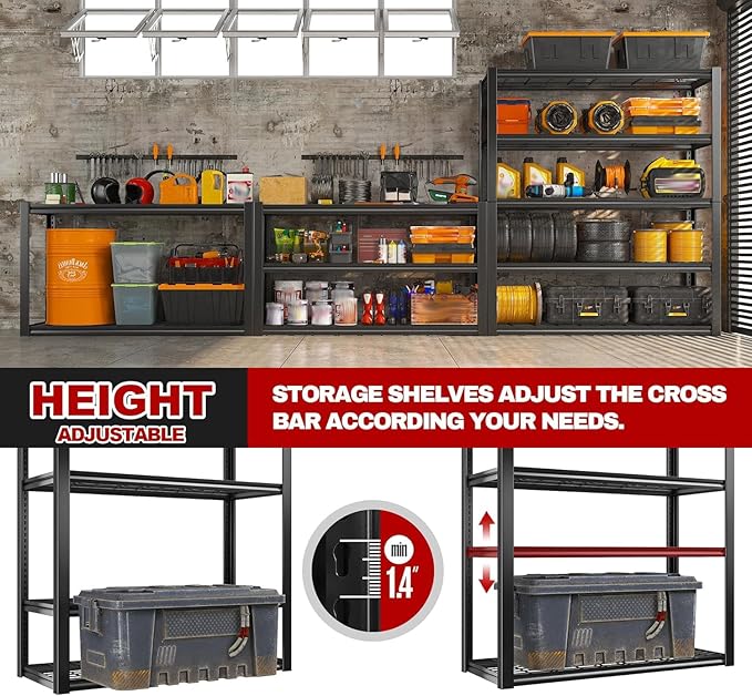 REIBII 48" W Garage Shelving Heavy Duty Load 2500LBS, 5 Tier Storage Shelves, Adjustable Metal Shelves for Warehouse, Pantry, Basement, 48" W X 72" H X18 D, 4PC