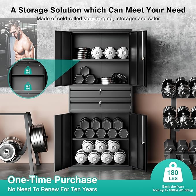 Metal Storage Cabinet with Drawer and Locks,Black Garage Storage Cabinet with Locking Doors and Adjustable Shelves,71" Tall Large Metal Cabinets with Magnetic Door for Home,Office,Garage