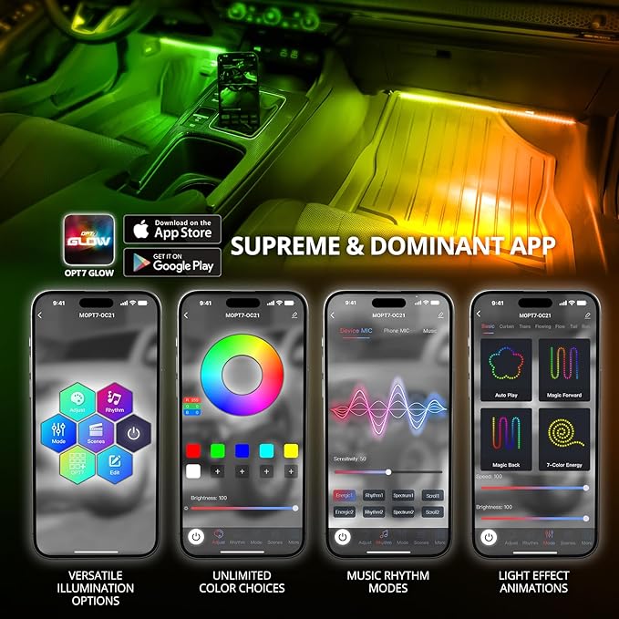 OPT7 Aura DreamColor RGB-IC LED Car Interior Light Strips, 4PC Interior Ambient Lighting Kit, Color Chasing Light Kit w/APP Control & Wireless Remote, Universal for Vehicles SUV Trucks Pickups Van