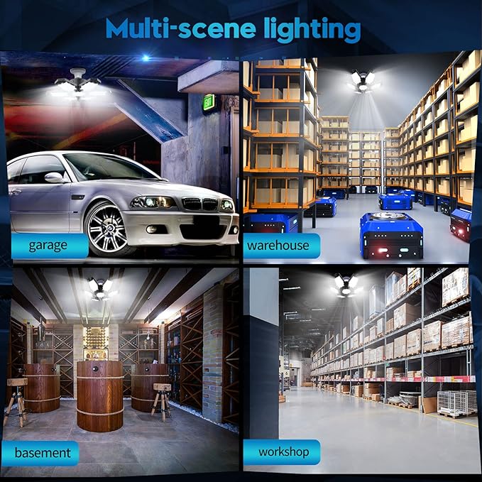 TANBABY 2 Pack LED Garage Lights, 150W Deformable Best Ceiling Shop Lights, 15000LM LED Light 6500K Garage Lighting with 6+1 Adjustable Panels Bulb for Basement