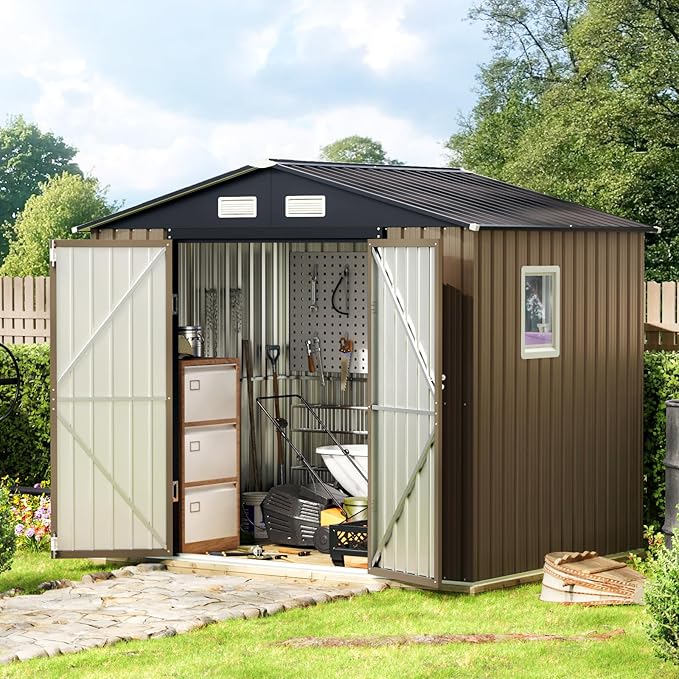 8X6FT Outdoor Steel Storage Shed with Lockable Doors, One Big Window,Ideal for Garden, Backyard, Patio Storage,Brown