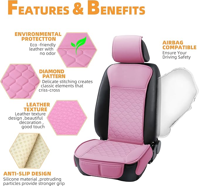 Elantrip 2 PCS Front Car Seat Covers Pink Leather Auto for Women Airbag Compatible Diamond Pattern PU Seat Cover Universal Fitness