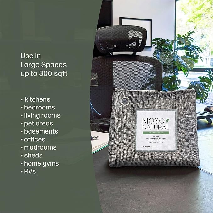Moso Natural Air Purifying Bag 600g (21oz) Premium Bamboo Charcoal Odor Absorber | Room Deodorizer for Large Spaces, Bedroom, Kitchen, Basement | Pet Odor Eliminator for Home | Unscented (3 Pack)