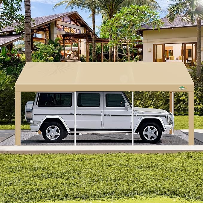 COBIZI 12x20ft Carport Heavy Duty, Portable Car Garage Outdoor Party Tent with Built-in Sandbags, Waterproof Car Canopy for Truck, Boat, SUV with All-Season Tarp, Khaki