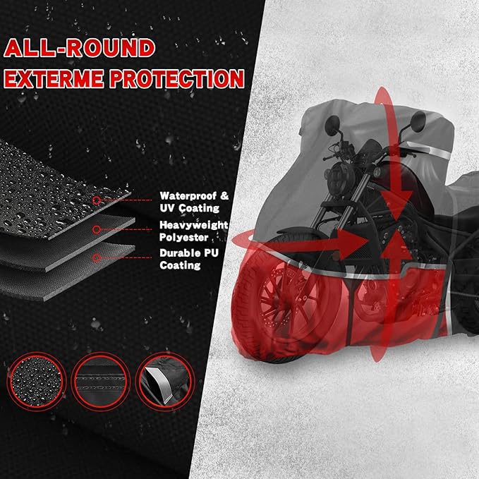 420D Motorcycle Cover Suitable for Honda Cruiser Rebel 300 500 1100 and Shadow 750/ Vtx 1300 /Fury Waterproof Motorcycle Cover Easy to Clean Tear-Resistant Suitable for Outdoor Protection