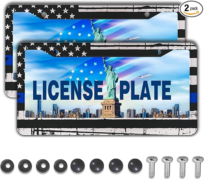 License Plate Frames Black, White, and Blue License Plate Frame American Flag USA Flags Universal Aluminum Car Accessory 2 Pack with Screw Covers Set