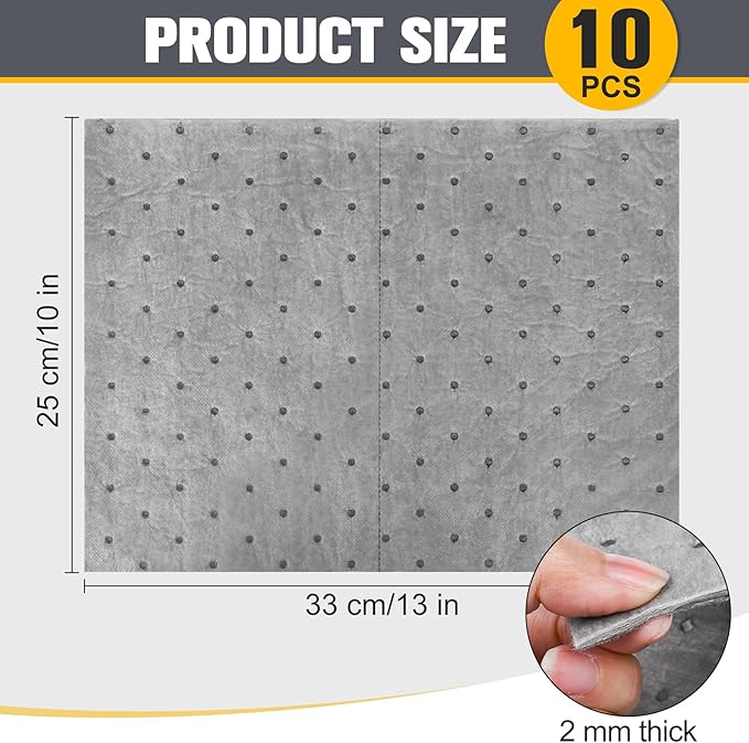 10PC Oil Absorbent Pads | 13"X10" Meltblown Polypropylene Mats, Hand-Tear Lines for Automotive & Workshop | Vacuum Eco-Packaging, Reusable Spill Control