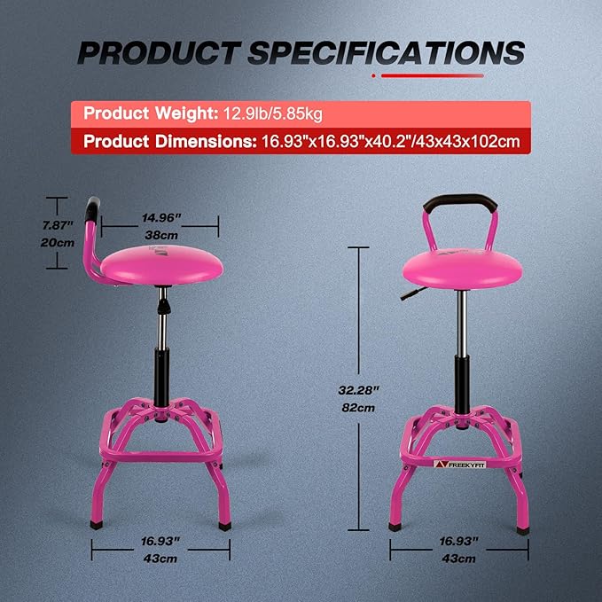 Garage Stool, Adjustable Height Swivel Work Mechanic Shop Stool with Backrest, Pneumatic Shop Chair for Home, Workshop, 300 LBS Capacity, 360° Rotation, Heavy Duty, Pink