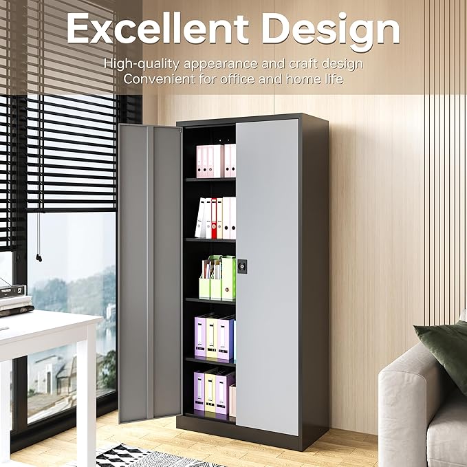SISESOL Metal Storage Cabinet with 2 Doors and 6 Shelves,Gray Metal Cabinet with Lock,71" Lockable Garage Storage Cabinets,Locking Steel Cabinets for Home,Office,Garage,School