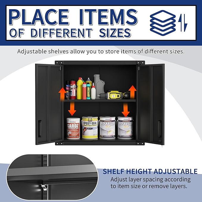 Metal Tool Cabinet,Garage Storage Cabinet System,Wall Cabinet & Locking Rolling Tool Cabinet with Doors and Adjustable Shelves,Steel Tool Cabinets for Home,Office (2 Pcs-StyleA, Black)