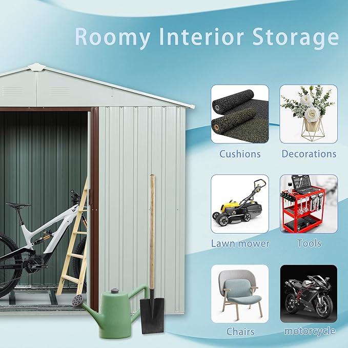 6x5 FT Outdoor Storage Shed, Metal Garden Shed with Frame Floor, Outside Tool Shed with Lockable Sliding Doors, Waterproof Storage Building with Sloped Roof for Backyard, Patio, Lawn, White