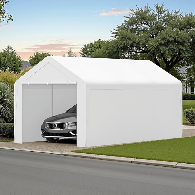 Carport 10x20 Heavy Duty Portable Garage w/Removable Sidewalls & Roll-Up Door Car Canopy Party Tents Waterproof UV Resistant All Weather Car Port for Trucks,Boats (White)