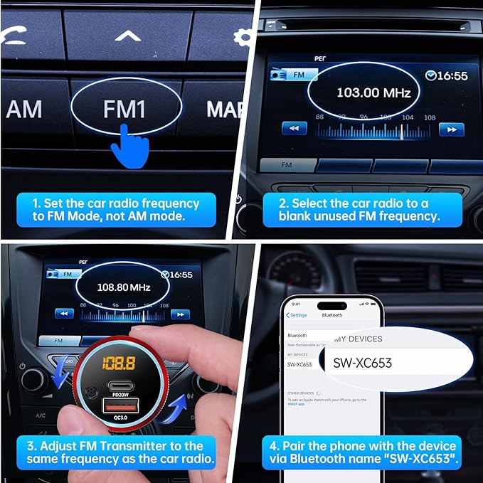 Syncwire Bluetooth 5.4 FM Transmitter for Car, 38W PD&QC3.0 Dual USB Charging Bluetooth Car Adapter Microphone & Bass Sound MP3 Music Player FM Kit with Hands-Free Calling