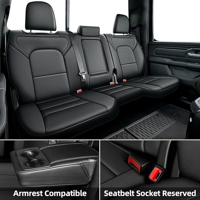 AOMSAZTO Custom Fit Seat Covers for Ram 2500 (2019-2025) Premium Faux Leather Car Seat Covers Full Set Black Waterproof Protection