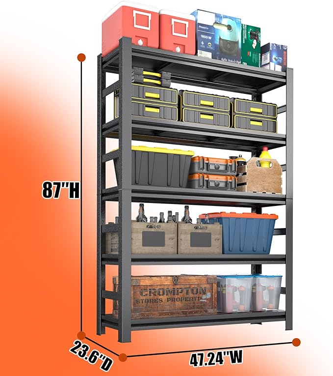 87"H Garage Shelving Heavy Duty Rack, 4500 LBS Ultra Large Capacity 5 Tier Adjustable Storage Shelves, Metal Industrial Shelf Units for Garage, Basement and Warehouse, 87"H×47.24"W×23.6"D, Black