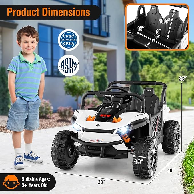Costzon Kids UTV, 12V Battery Powered Electric Off-Road Car w/Remote Control, Sounds, Wireless Connection, 3 Speeds & 4-Wheel Suspension, Kids Ride on Truck, Gift for Boys & Girls 3+ Years Old (White)