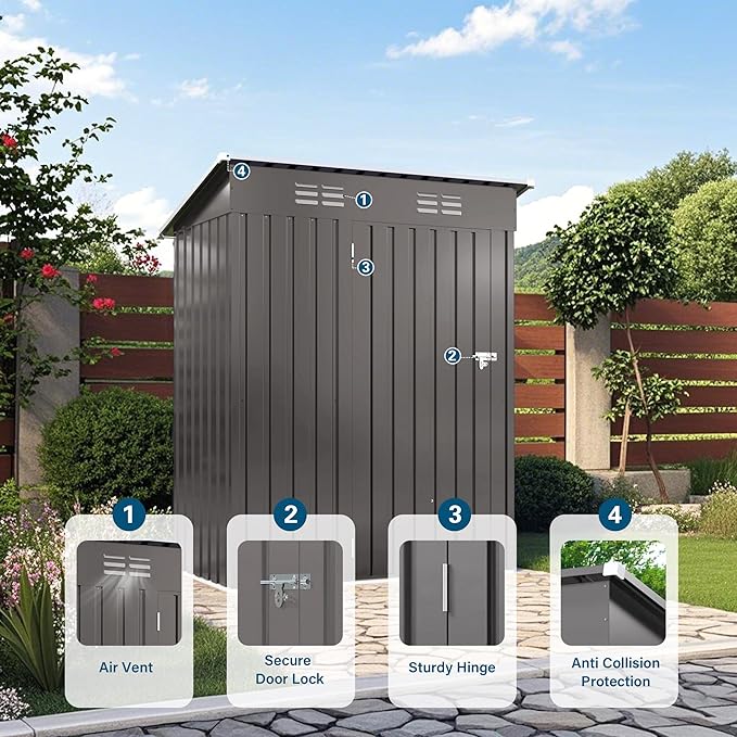IKERY 5X3 FT Metal Outdoor Storage Shed, Tool Shed with Pitched Roof and Lockable Door Compact Metal Tool Shed for Garden, Backyard, Patio, Everyday Sundries and Bike Storage, Gray