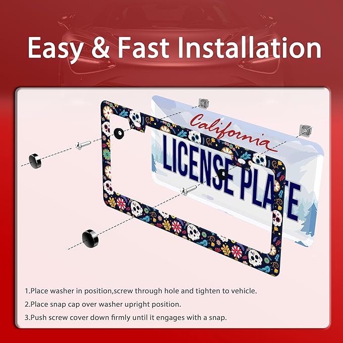 Sugar Skull Flowers License Plate Frame Cute Colorful License Plate Frames Stainless Steel Accessories Cars Decor with 2 Holes and Screws Fits Standard US CA Vehicles Size 12.2 x 6 Inches