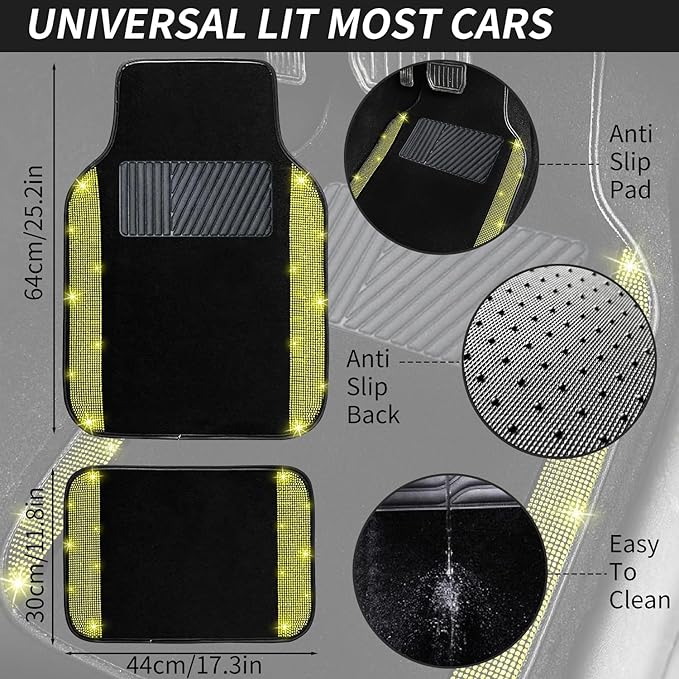 NBTEPEM Bling Car Floor Mats Full Set, Universal Fit Most Cars,SUV, Trucks, 4 pcs Sparkle Glitter Diamond Carpet for Women Girls with Anti-Slip Pad (Yellow Diamond)