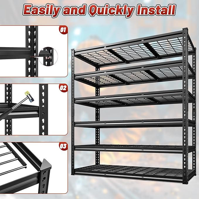 REIBII 3600LBS Garage Shelving 48" W Storage Shelves 6 Tier Garage Shelving Heavy Duty, Adjustable Metal Shelves for Warehouse, Basement, Pantry, 48" W x 24" D x 78" H