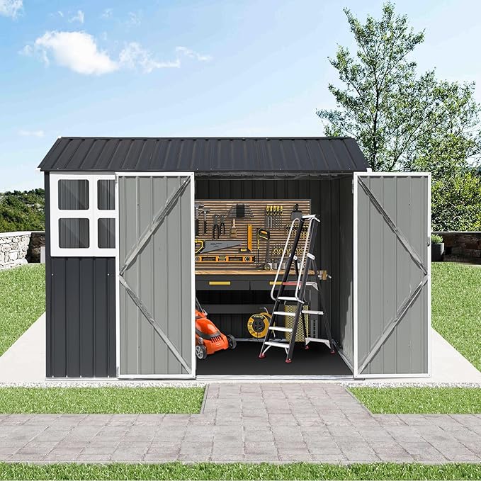 Verano Garden 8x6FT Outdoor Storage Shed, Galvanized Steel Metal Garden Shed with Large Window, Lockable Double Door, Outdoor Tool Shed for Backyard, Patio, Lawn(96.65"x71.85"x77.56")