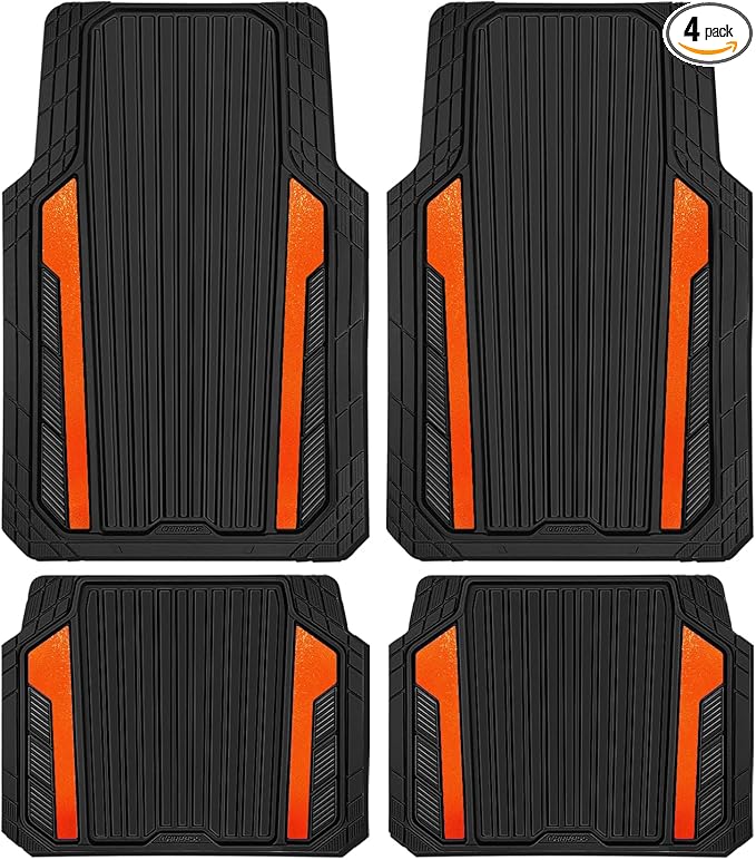 CAR PASS Heavy Duty Rubber Car Mats Metallic, Aluminum Film All Weather Floor Mats Waterproof Universal Trim to Fit SUVs Sedans Vans 4 Piece Anodized Deep Dish Two-Tone Sporty Black Orange Chrome