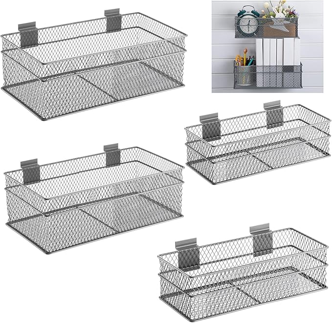 Barydat 4 Pcs Slatwall Basket Set Ventilated Metal Slatwall Basket Hanging Wire Bins Wall Mounted Accessories for Panel Garage Storage Display Organizing(Multi Size,Gray)