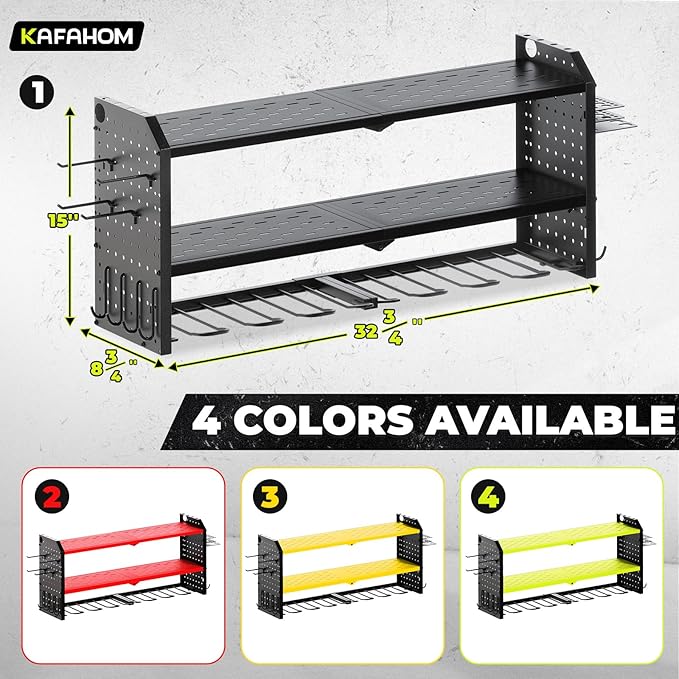 KAFAHOM Power Tool Organizer，Large 8 Drill Holder Wall Mount with 2 Side Pegboards,Metal Tool Shelf with 12 Hooks，Storage Rack for Garage Organization，Utility Cordless Drill Holder - Black