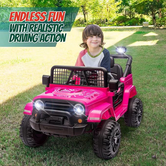 JOYMOR 12V Kids Ride on Truck with Remote Control, 4 Wheels Battery Powered Kids Car, Electric Play Car with LED Lights/Horn/Remote and Manual Control/3-5 MPH Speed/Gift for Girl Boy (Hot Pink)