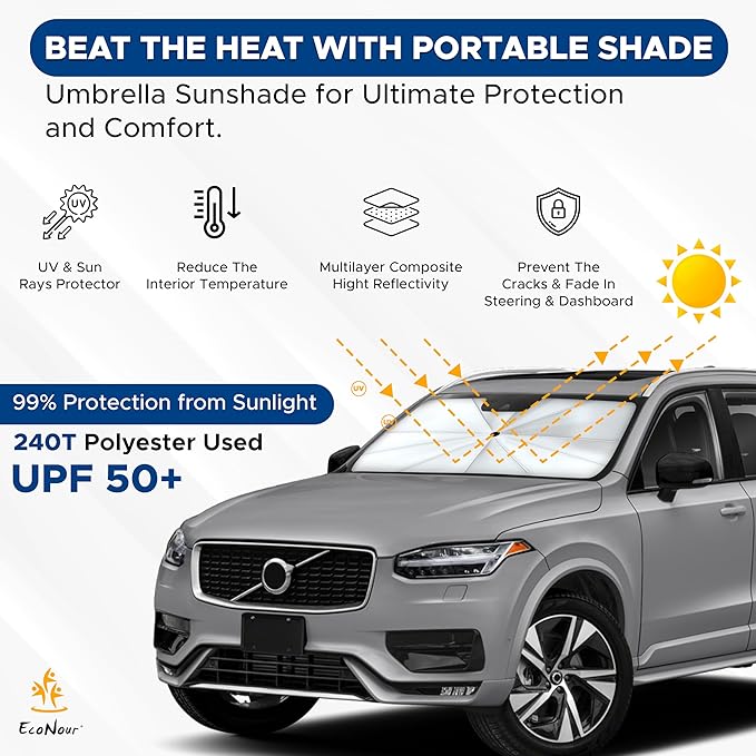 EcoNour Adjustable Car Windshield Umbrella Sun Shade | Foldable UV Protection Shade with 240T Polyester | Fits Various Windshield Angles