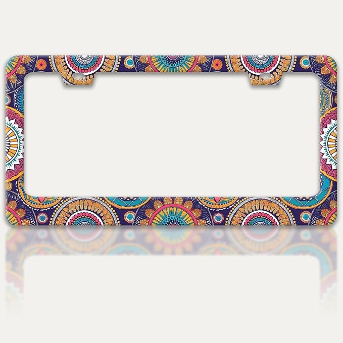 Mandala Flowers License Plate Frame Floral Print License Plate Holders Funny Stainless Steel Auto Accessory Bracket 2 Hole with Screws Universal Us Car License Plate Frames 6x12 Inch for Women Men