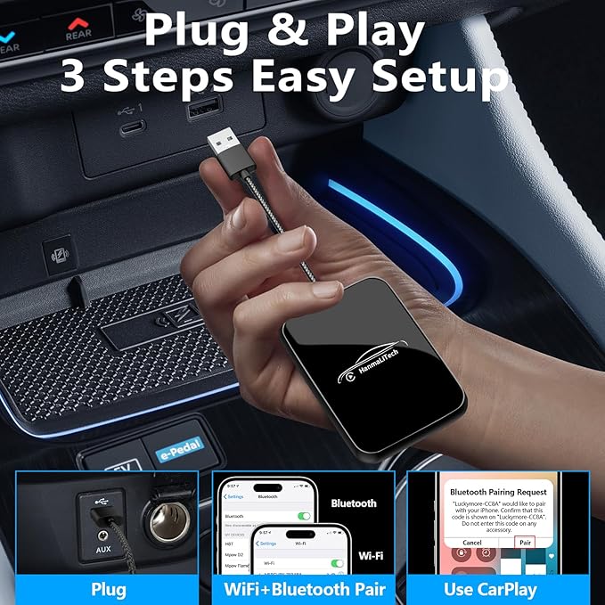 Wireless CarPlay Adapter for Apple iPhone | Mini USB Design for Convert Wired to Wireless Car Play Adapter - No Latency from iOS 10+ to Screen w/USB C (Black)
